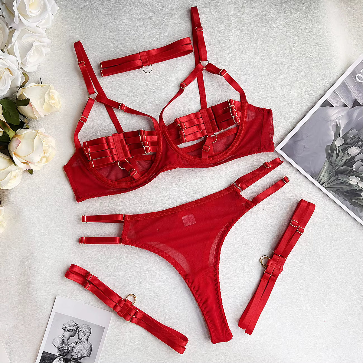 Ellolace Sexy Lingerie Naked Women Without Censorship 5-Piece Sexy Costume Hollow Underwear Uncensored Sensual Open Bra Outfits