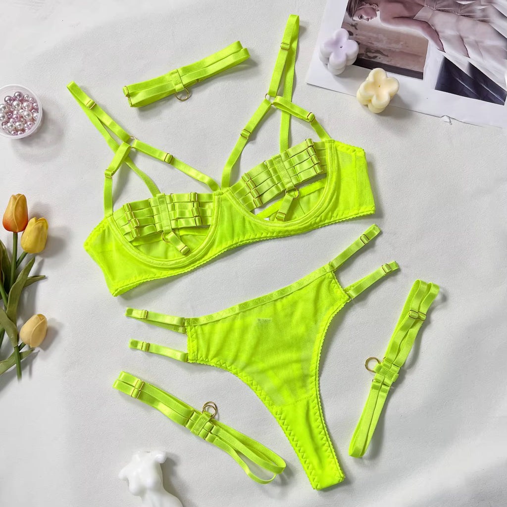 Ellolace Sexy Lingerie Naked Women Without Censorship 5-Piece Sexy Costume Hollow Underwear Uncensored Sensual Open Bra Outfits