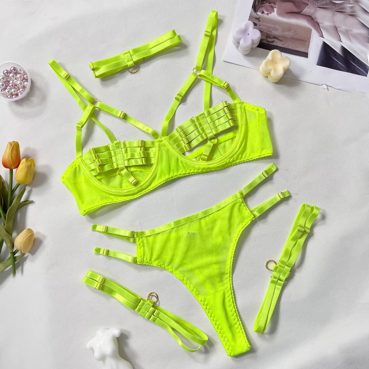 Ellolace Sexy Lingerie Naked Women Without Censorship 5-Piece Sexy Costume Hollow Underwear Uncensored Sensual Open Bra Outfits