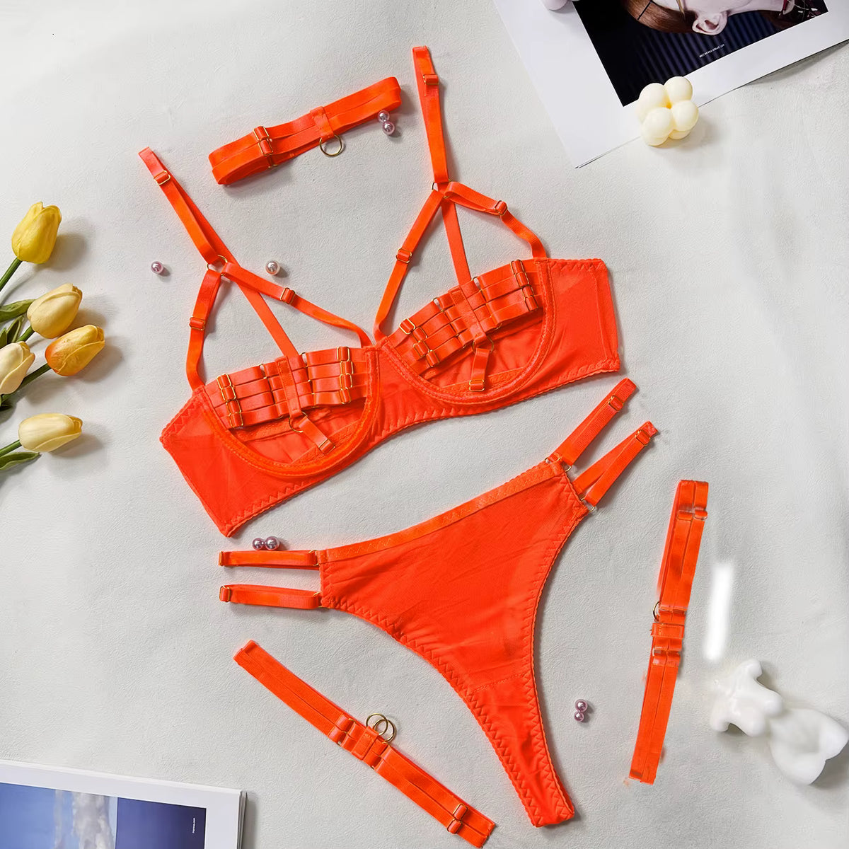Ellolace Sexy Lingerie Naked Women Without Censorship 5-Piece Sexy Costume Hollow Underwear Uncensored Sensual Open Bra Outfits
