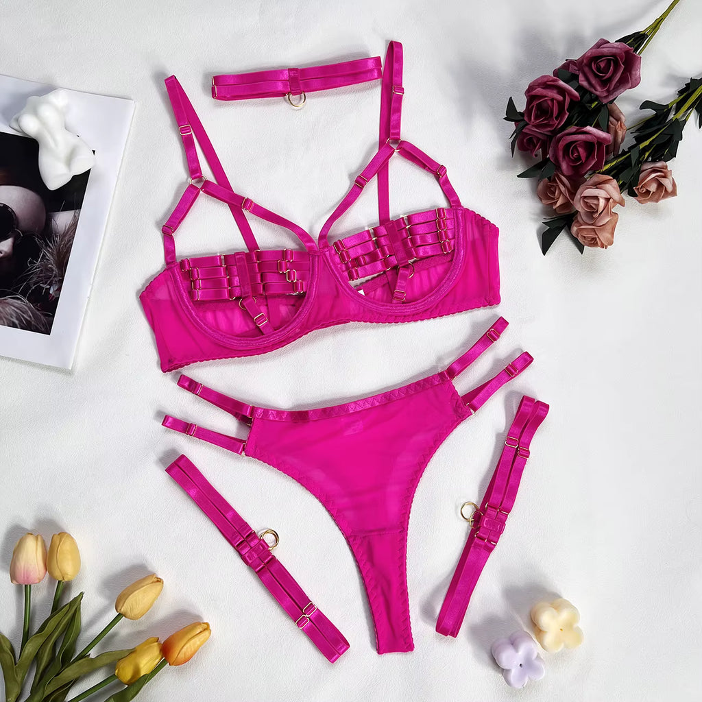 Ellolace Sexy Lingerie Naked Women Without Censorship 5-Piece Sexy Costume Hollow Underwear Uncensored Sensual Open Bra Outfits