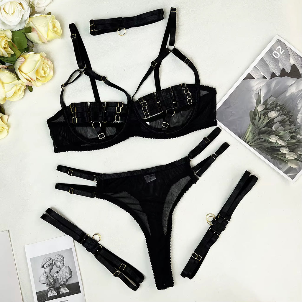Ellolace Sexy Lingerie Naked Women Without Censorship 5-Piece Sexy Costume Hollow Underwear Uncensored Sensual Open Bra Outfits
